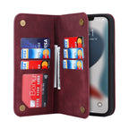 Burgundy open phone wallet with card slots and phone screen in view