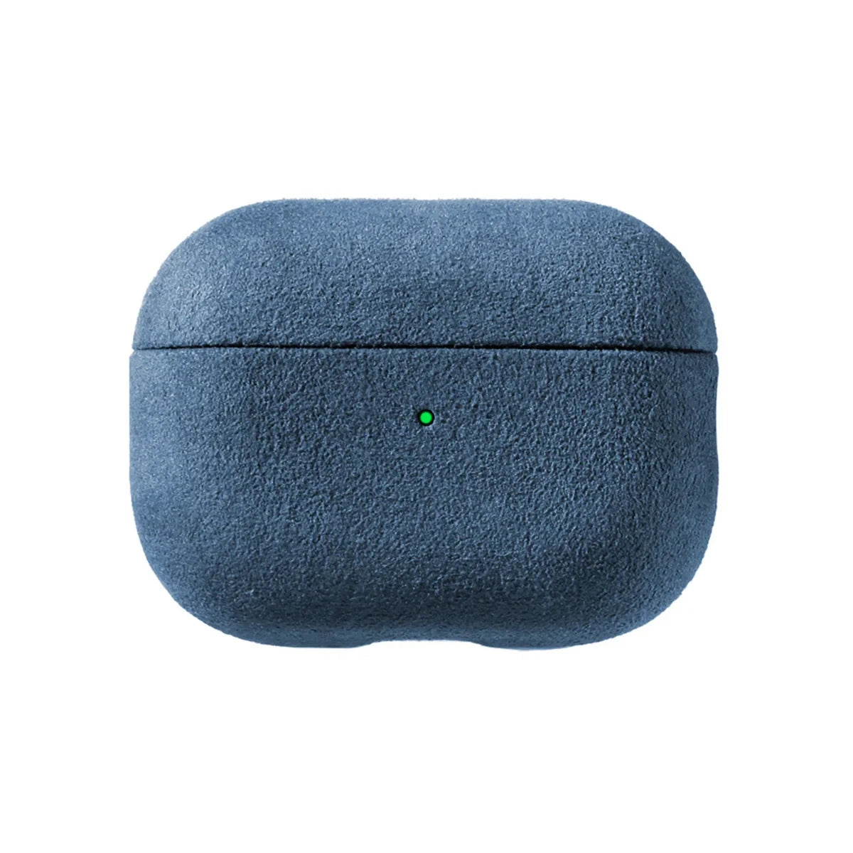 Alcantara AirPods case in deep blue, smooth textured surface, closed