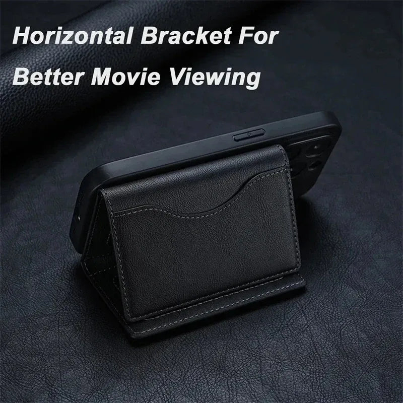 Black horizontal magnetic card wallet with flip front and card pocket