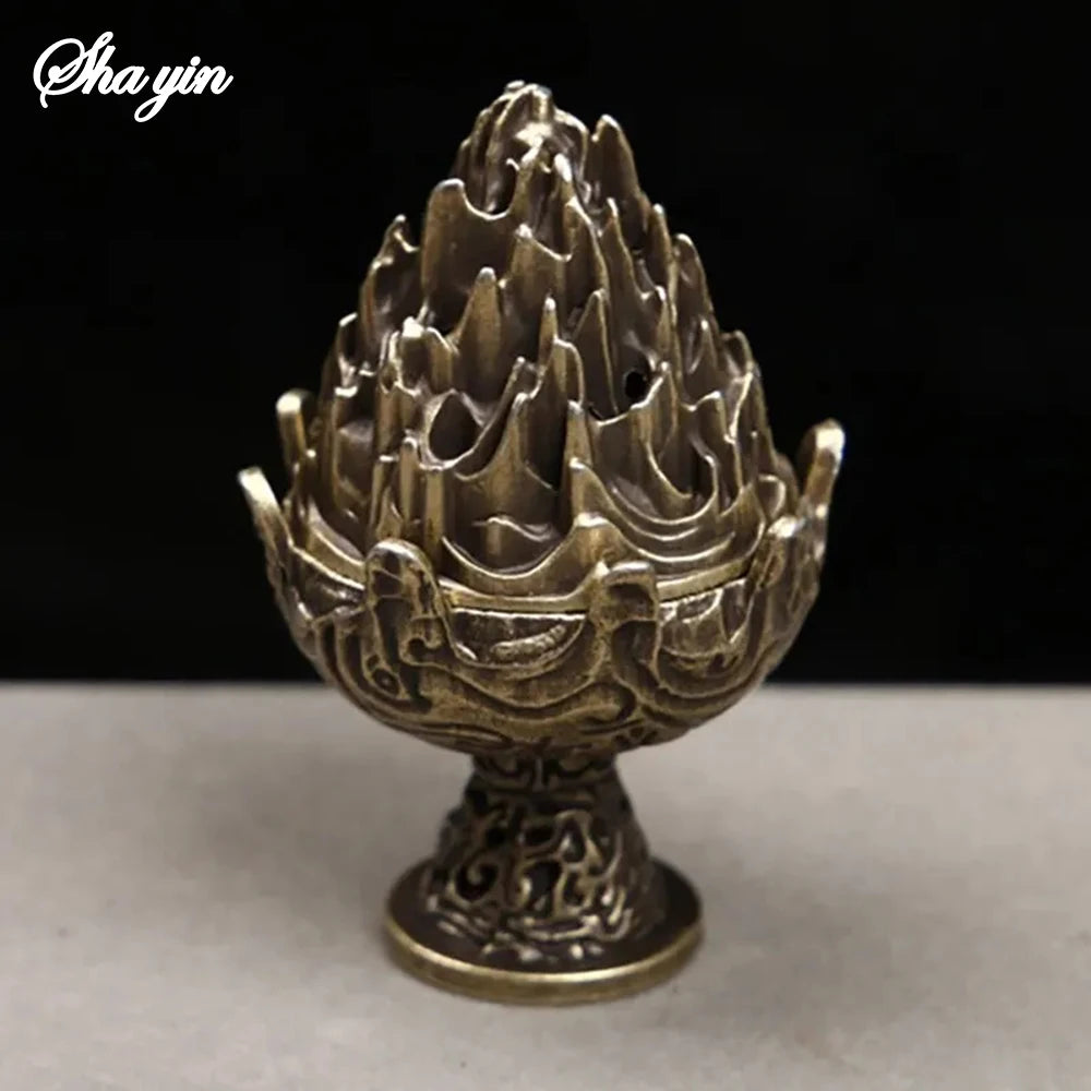 Bronze mountain incense burner on round base, front view with carved details
