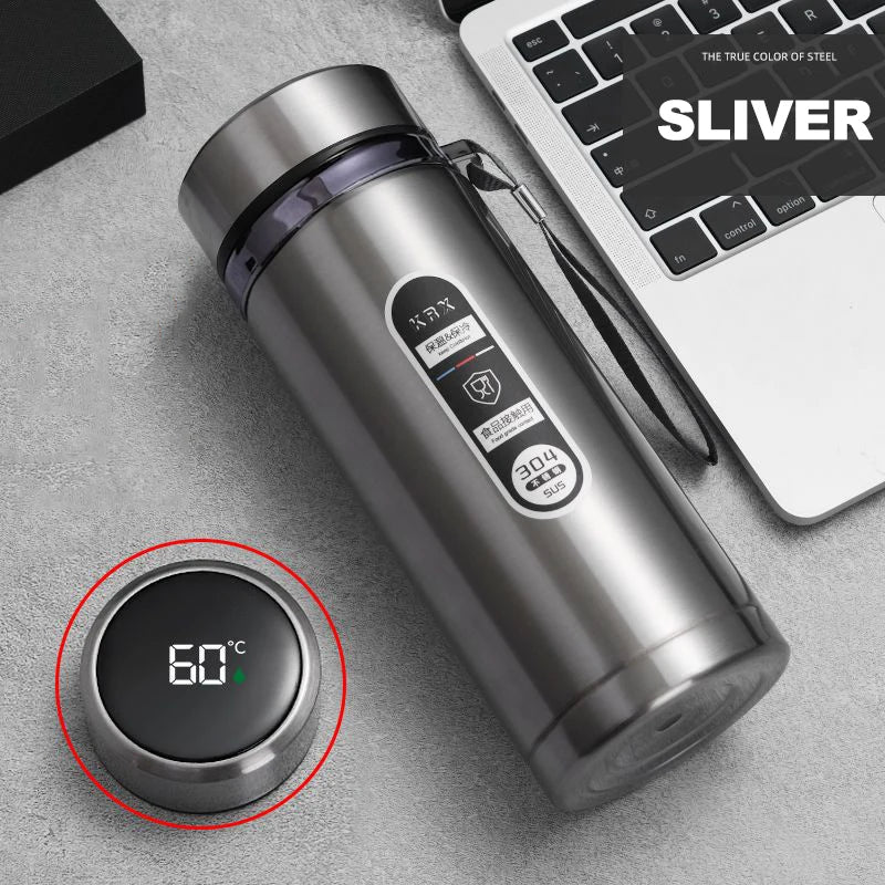 Silver LED thermos flask with 60°C digital display on base button