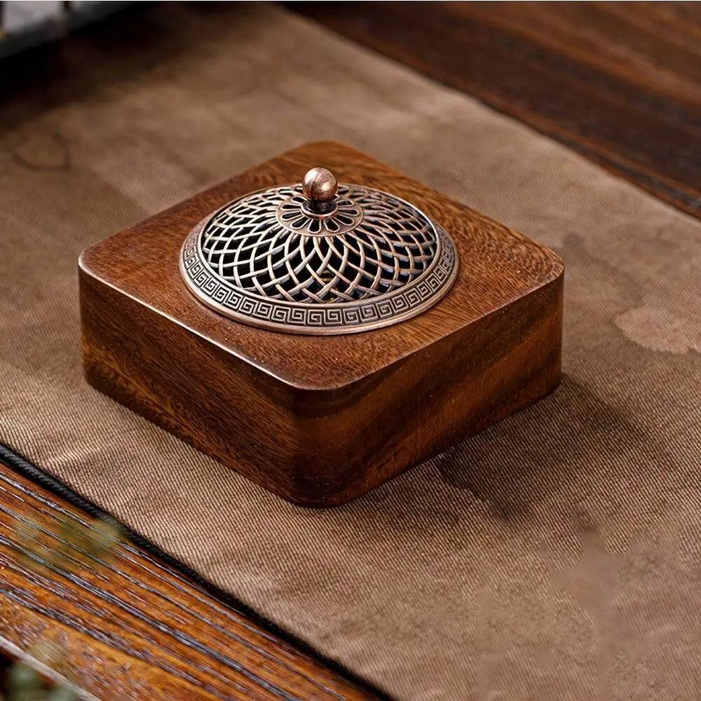 Square wood incense burner with circular lattice lid and lotus-style metal knob