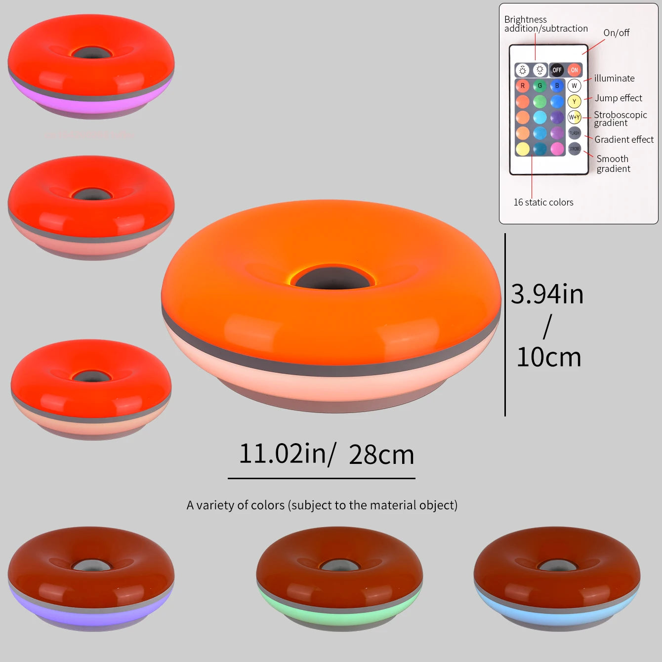 Orange donut table lamp with glow band, shown with smaller size views.