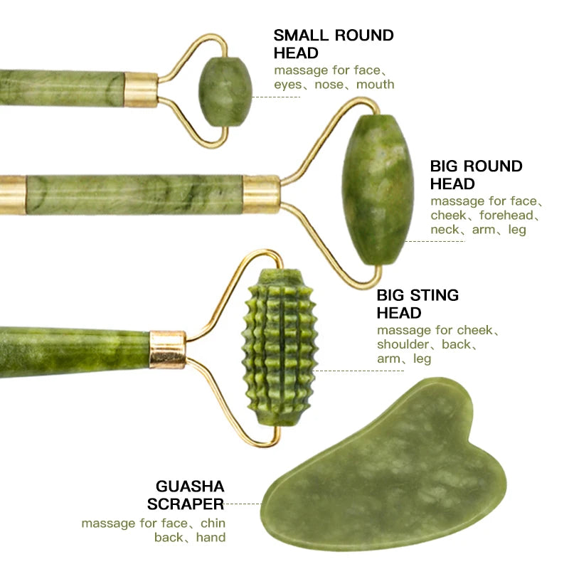 Jade roller set with small round, big round, and spiked heads plus gua sha scraper