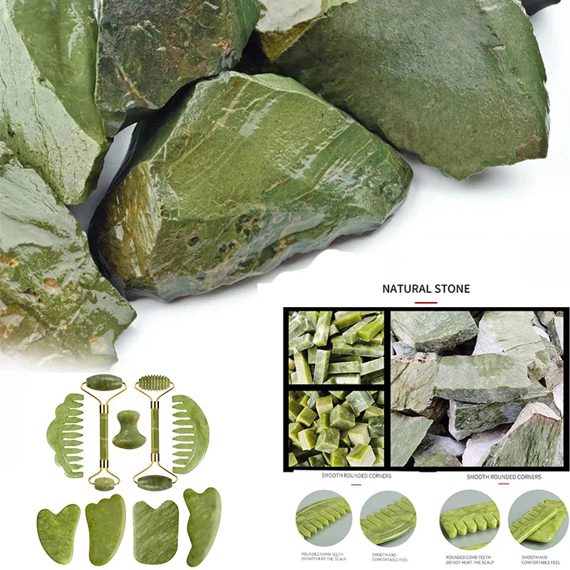 Natural jade stones with gua sha and roller tools arranged together