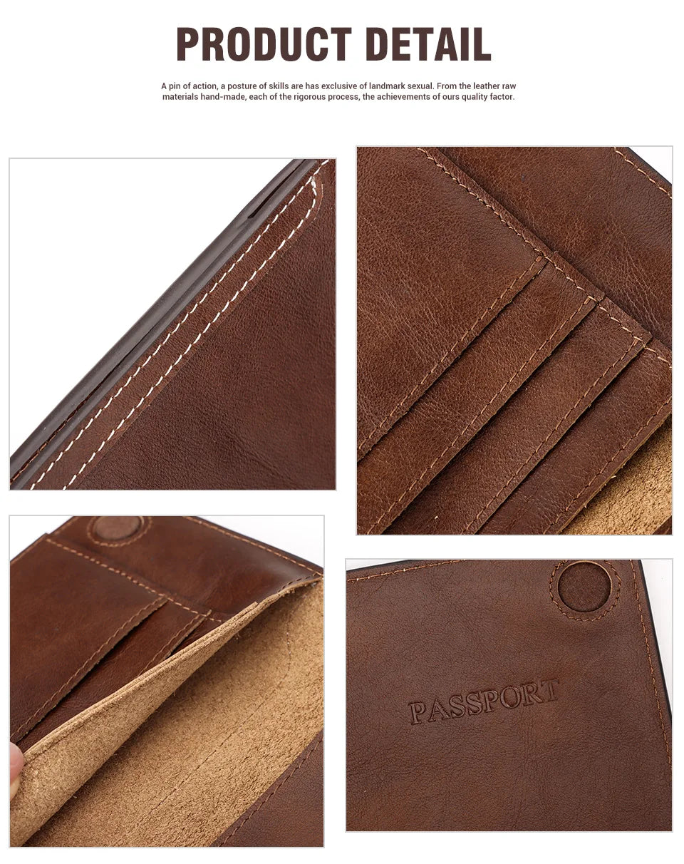 Slim leather passport wallet product detail: stitching lines and rounded button tab