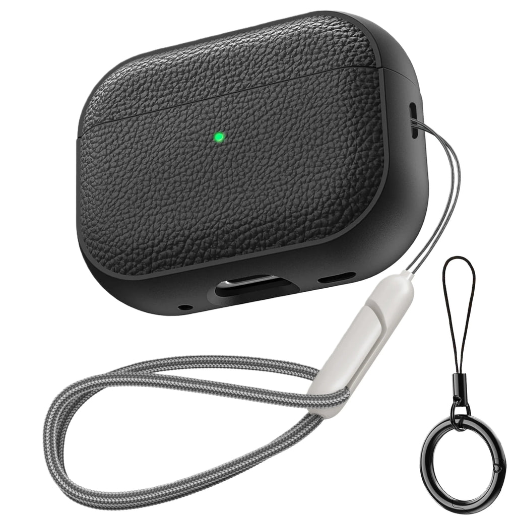 Obsidian textured TPU AirPods case with keychain ring and braided lanyard strap