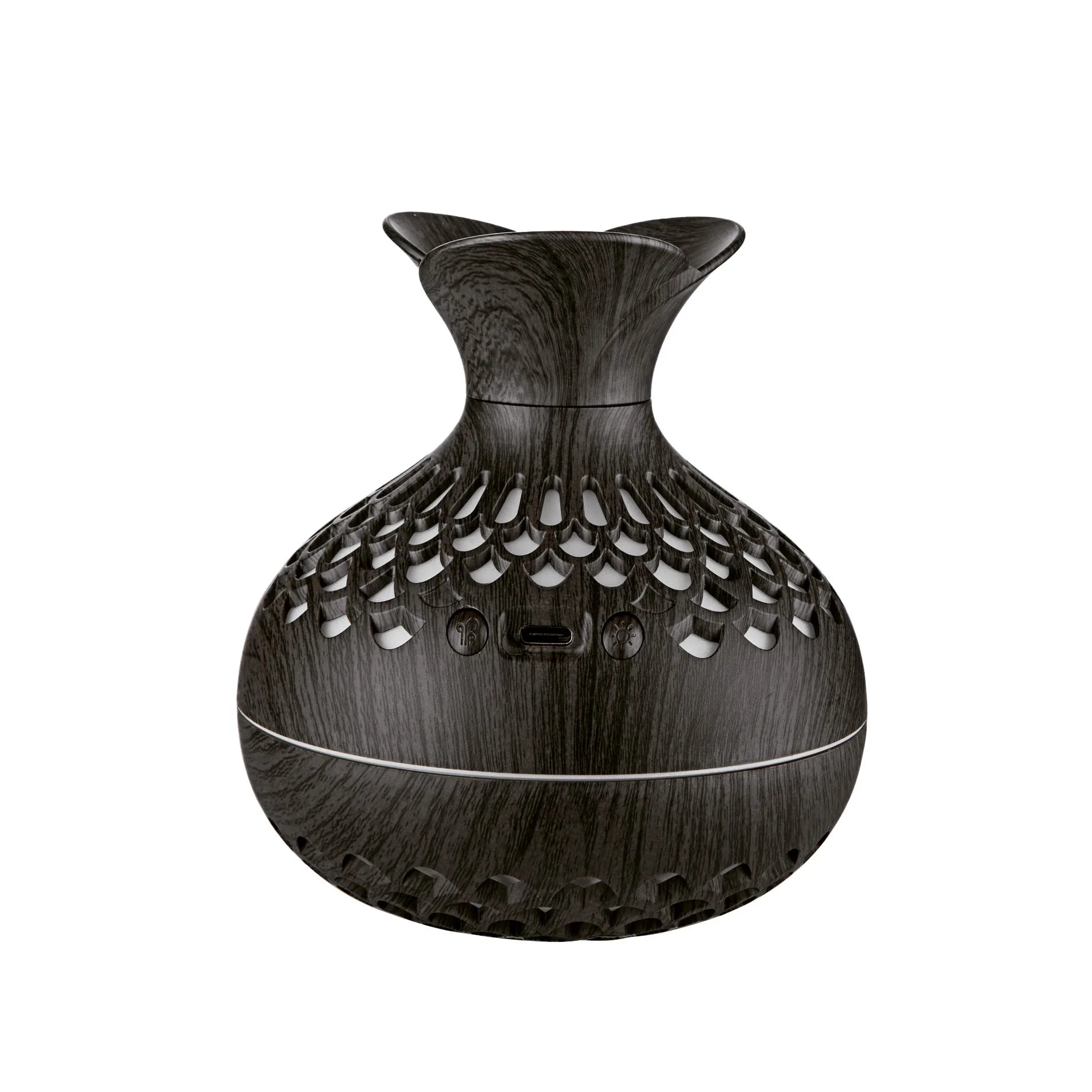 Deep wood grain mini vase humidifier with dark finish and silver cutout vent pattern