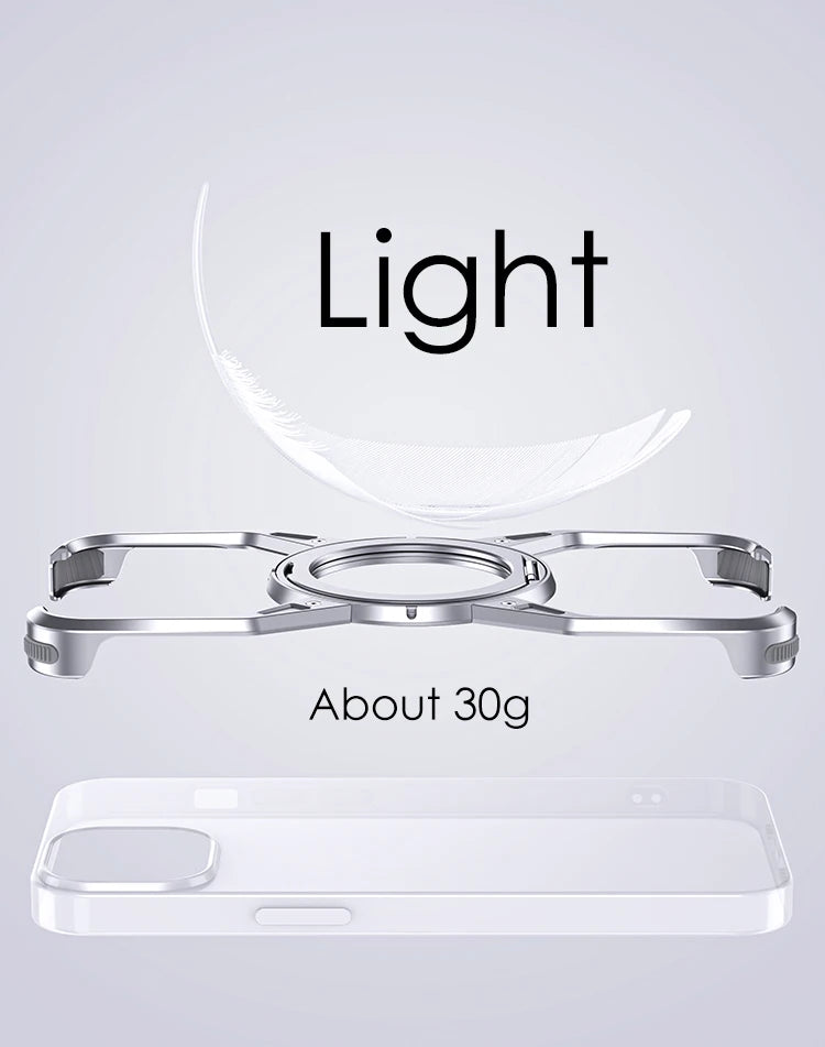 Rimless magnetic phone case with lightweight metal frame and circular magnet ring