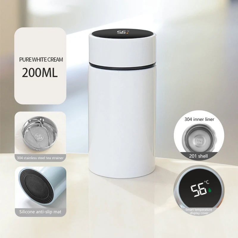 Pure white cream petite smart thermos (200mL) with LED temperature display and tea strainer