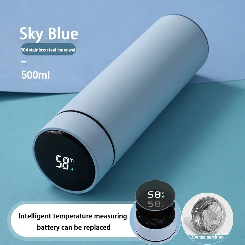 Sky blue smart thermos with digital temperature display and tea infuser accessory