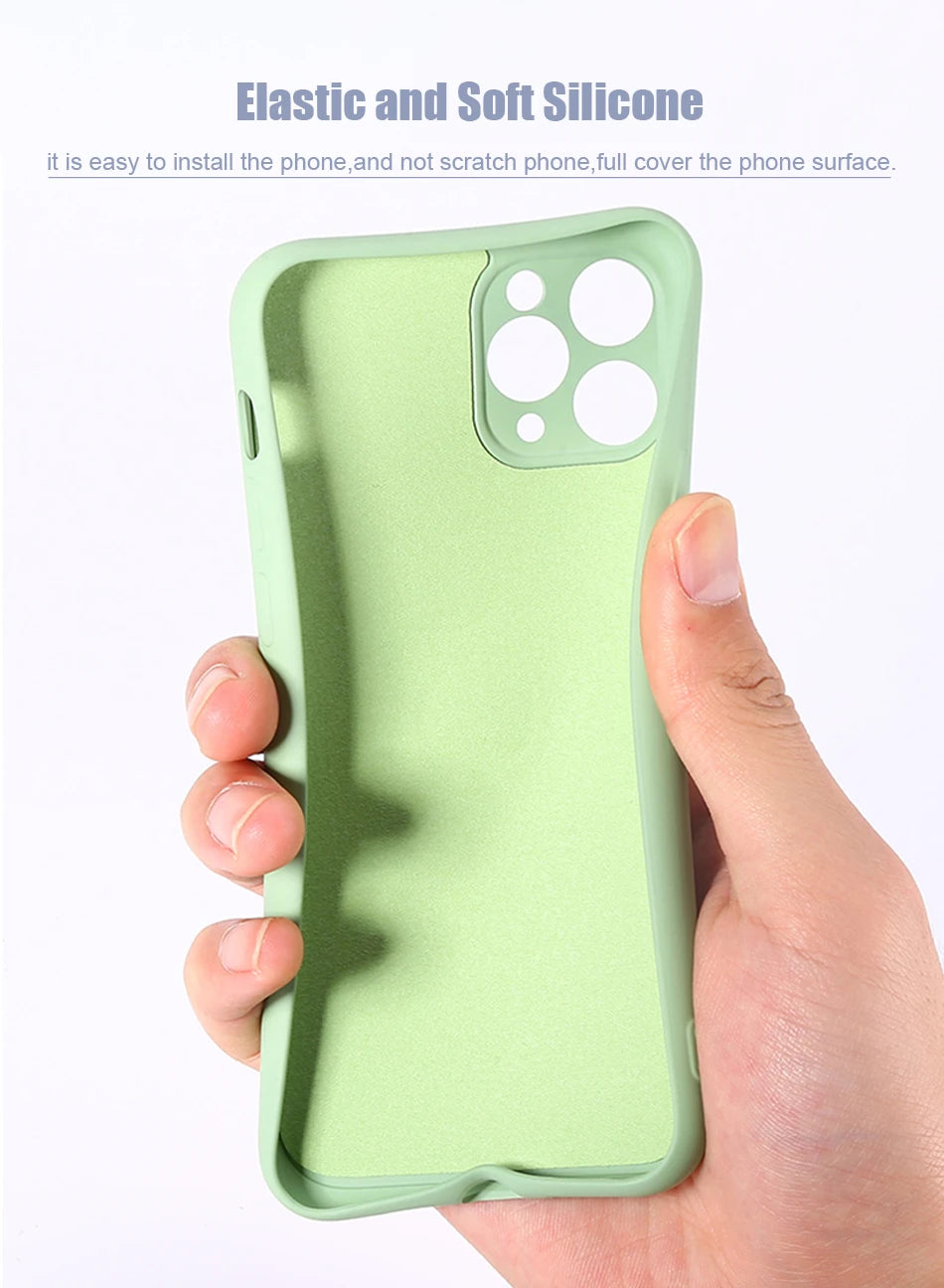 Silicone MagSafe phone case in green with camera cutouts and MagSafe ring
