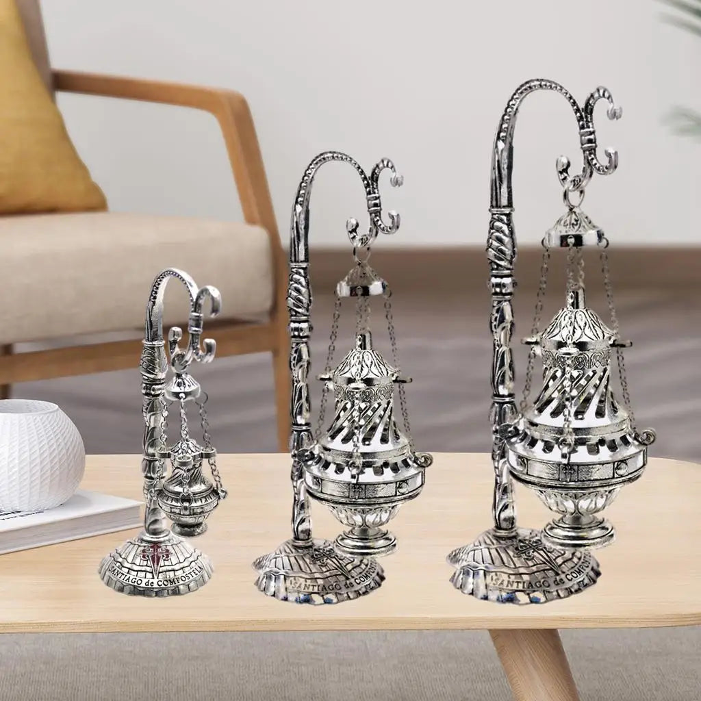Ornate metal censer and ash catcher, three sizes with engraved decorative base