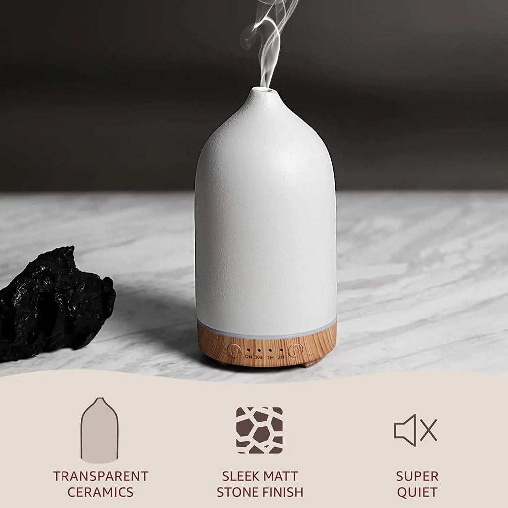 Ivory white ceramic diffuser with transparent matte finish and quiet operation design