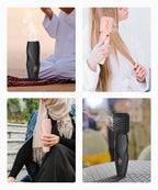Hair bakhoor diffuser in black and pink, shown in hands and on hair