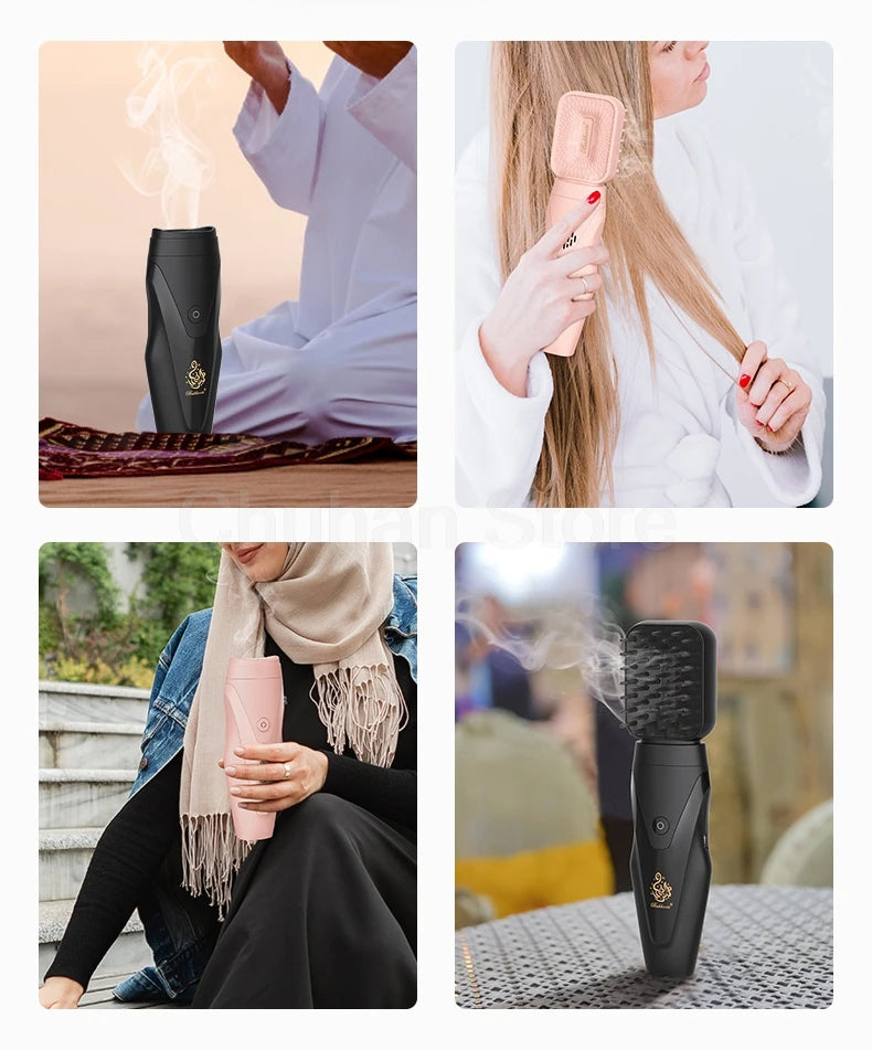Hair bakhoor diffuser in black and pink, shown in hands and on hair