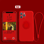 Silicone MagSafe phone case, red with circular MagSafe ring and raised camera openings.