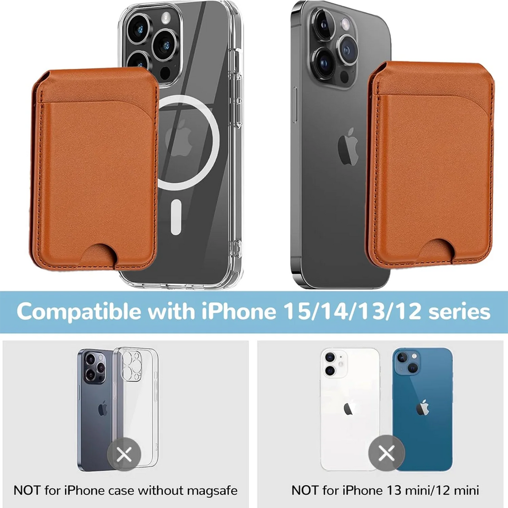 Brown MagSafe wallet stand with foldable support and slim profile on phone backs