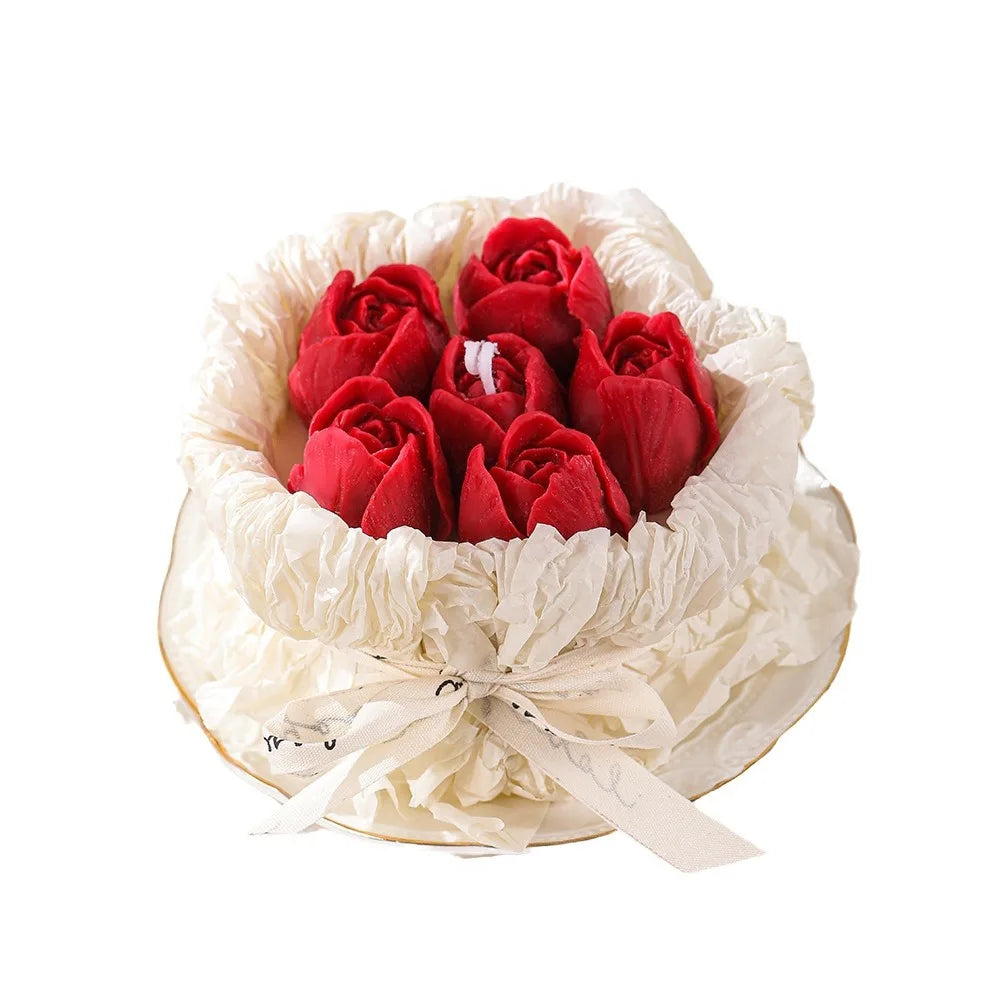 Romantic Bouquet Candle gift box with red rose-shaped candles and cream ruffled wrap