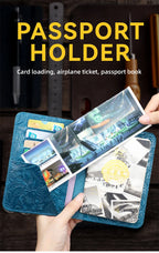 Blue leather travel folio held open, showing card slots and passport-sized inserts