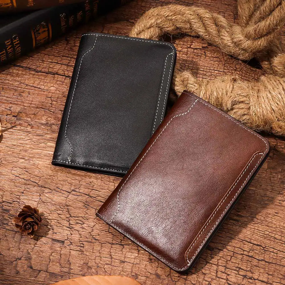 Warm espresso leather slim passport wallet with contrast stitching, slim profile