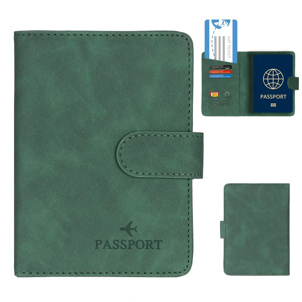 RFID passport wallet in forest green vegan leather, card slots visible when open