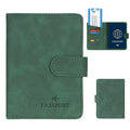RFID passport wallet in forest green vegan leather, card slots visible when open