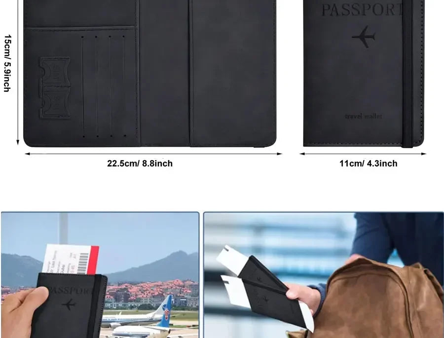 Passport wallet opened flat, showing card slots and center divider with stitched edges