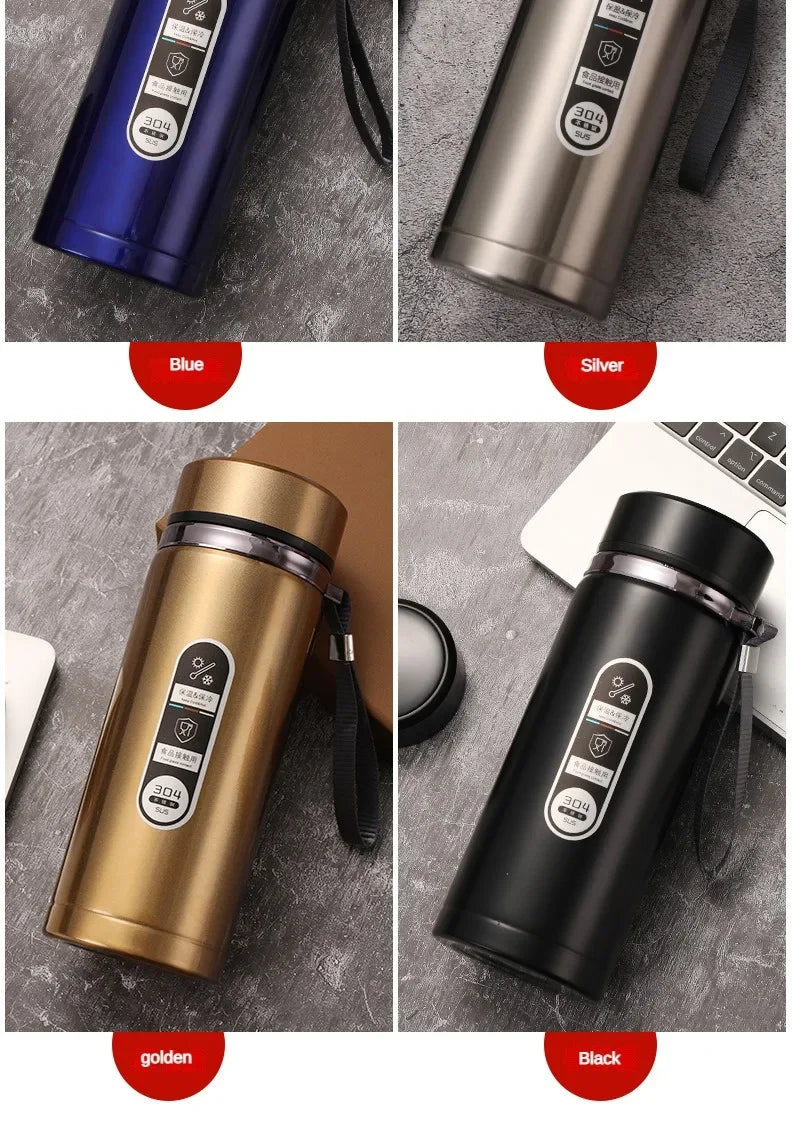 Blue, silver, gold, and black gradient LED thermos flasks