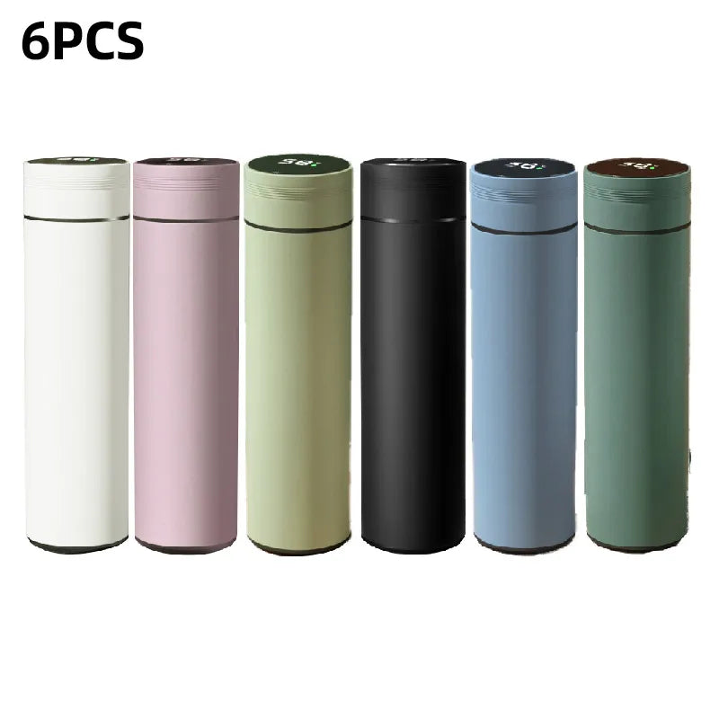 6-pack smart thermos flasks in assorted colors with digital display tops