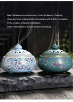 Two Sky Blue enamel lotus incense burners with pierced lids on a stand