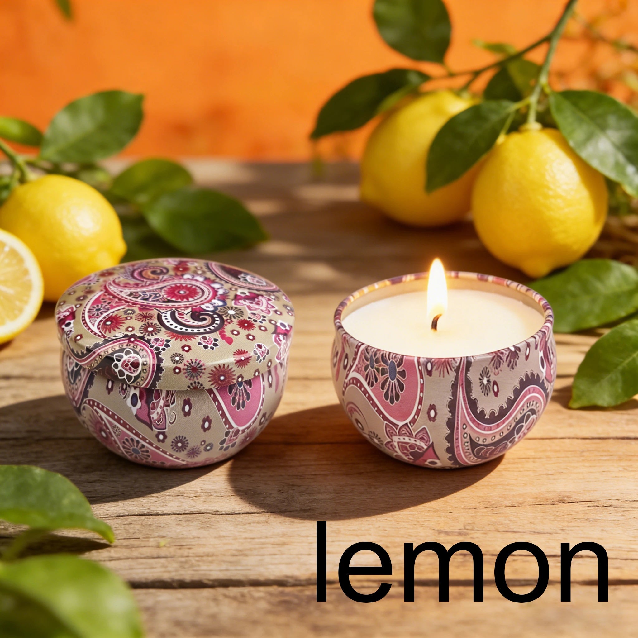 Tin candle with maroon mandala design—Lemon scent.