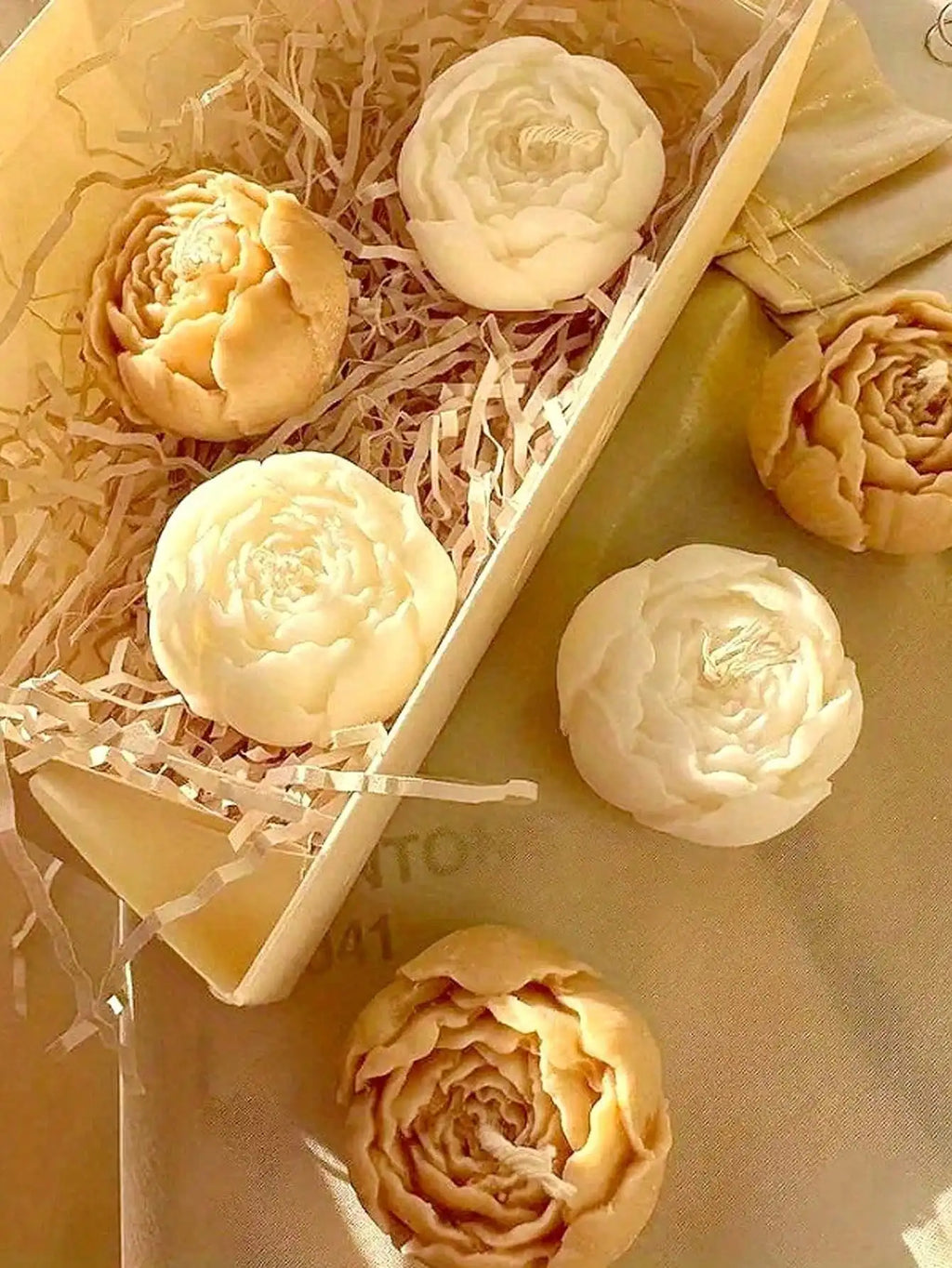Floral candle set: creamy yellow rose candles in open wooden box