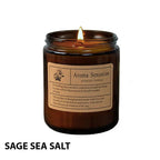 Luxury glass cup scented candle in amber jar, "Sage Sea Salt" label