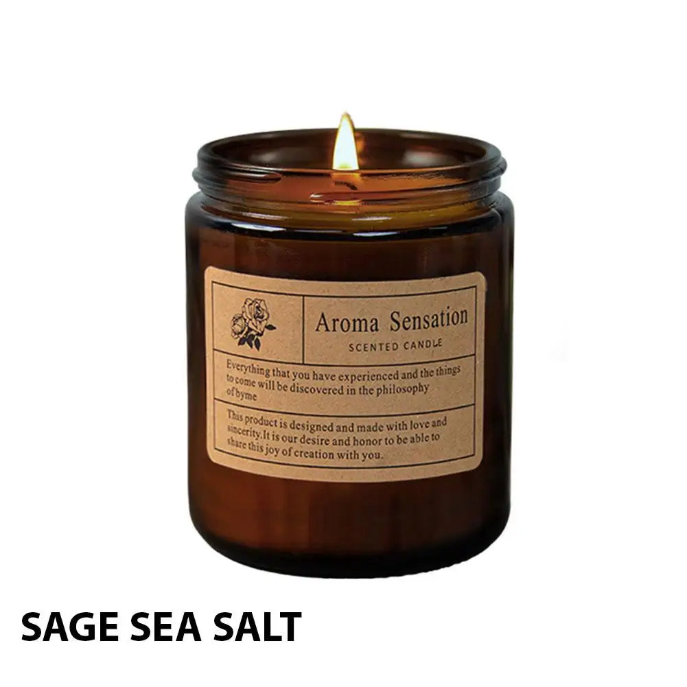 Luxury glass cup scented candle in amber jar, "Sage Sea Salt" label