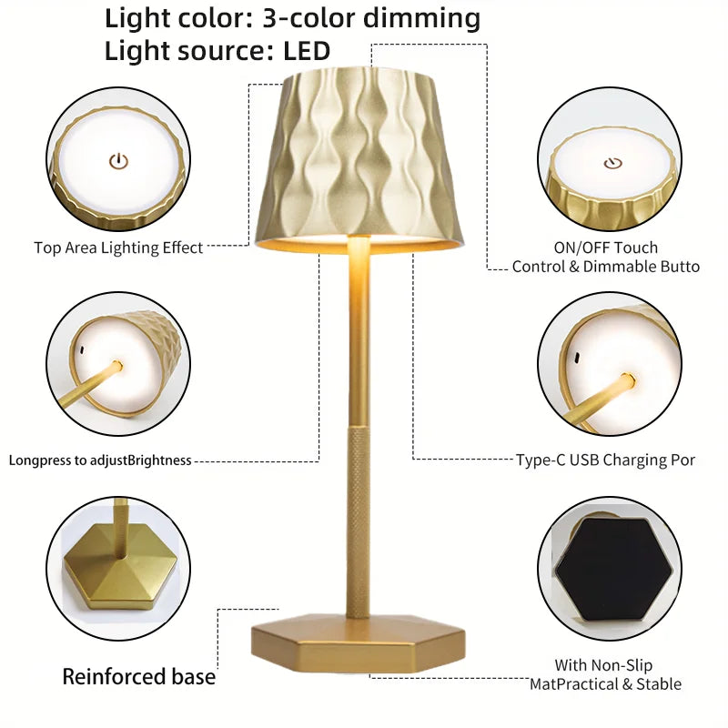 Champagne gold touch lamp with ripple shade and reinforced square base