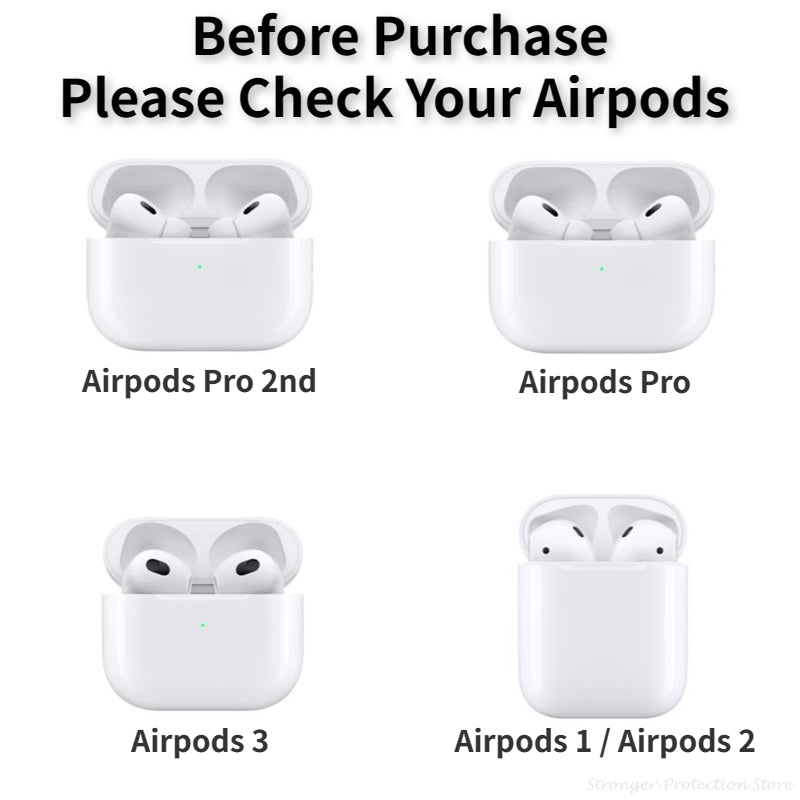 AirPods compatibility chart with white charging case and earbud models