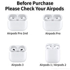 AirPods compatibility chart with white charging case and earbud models