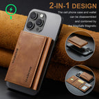 Slim leather wallet, tan brown, wrapped on phone back, stitched folio style.