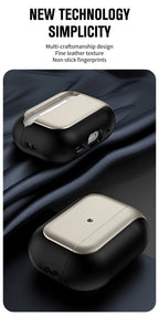 Champagne gold AirPods case with black leather finish and charging port cutout