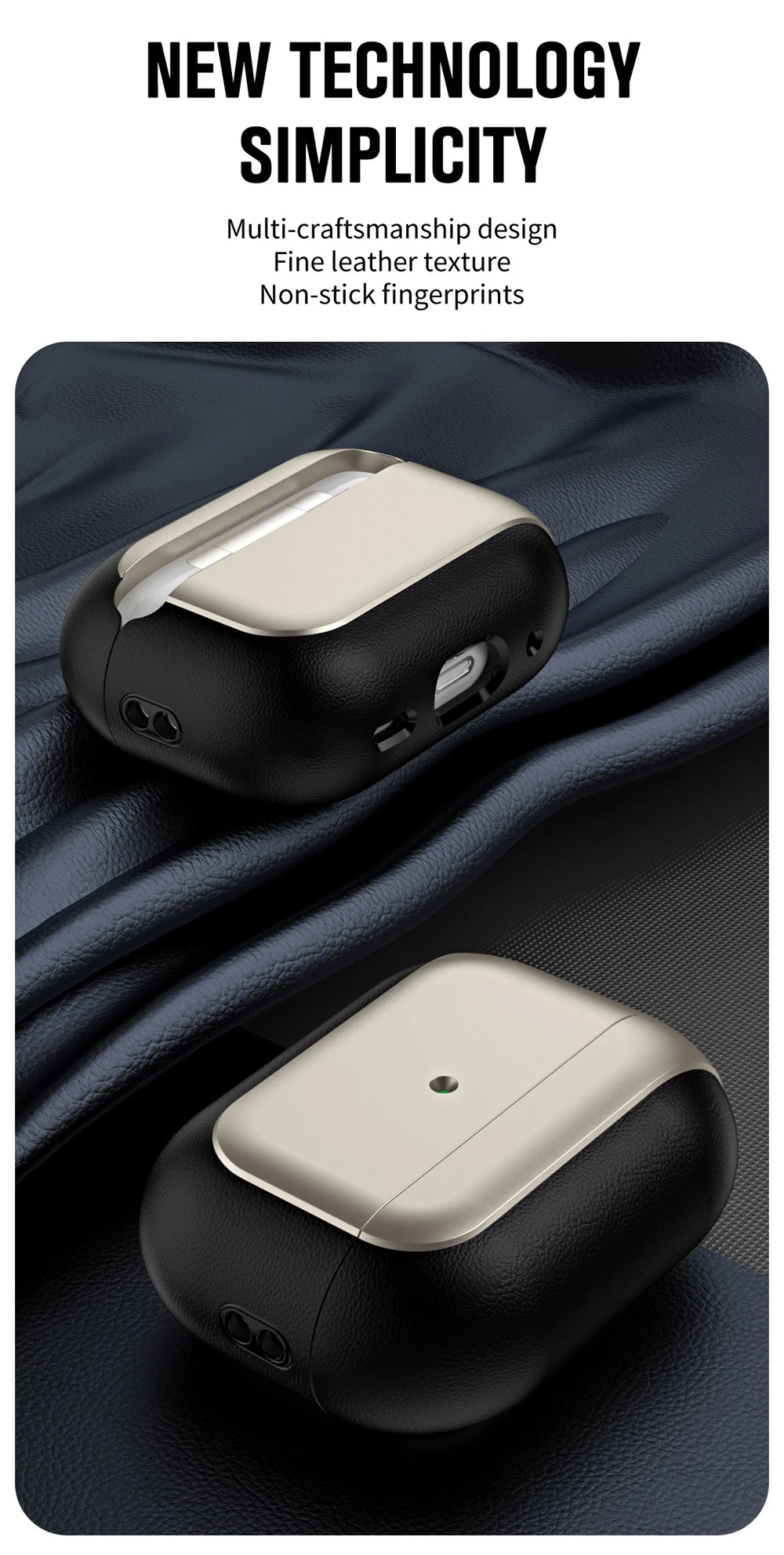Champagne gold AirPods case with black leather finish and charging port cutout
