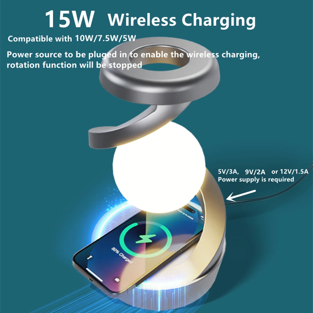 Floating wireless charging lamp with white orb and blue light accents, dark gray stand