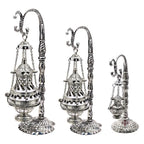 Three-piece metal censer set: curved pipes, chain tassel ash catcher, detailed tops