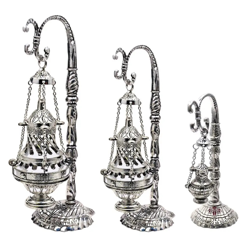 Three-piece metal censer set: curved pipes, chain tassel ash catcher, detailed tops