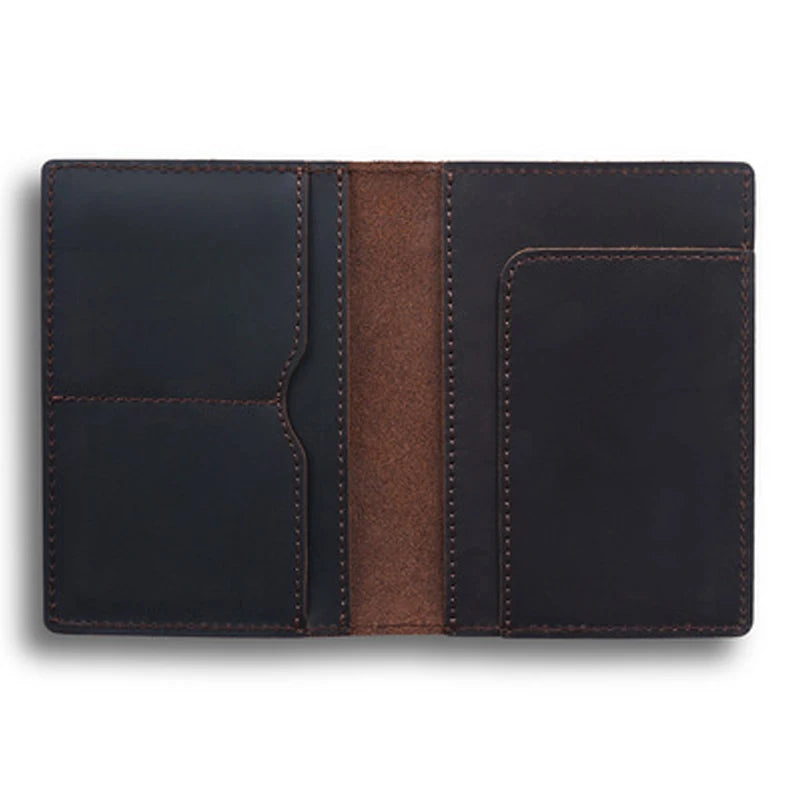 Coffee-brown passport wallet opened flat: two left pockets, center divider, and right card slot
