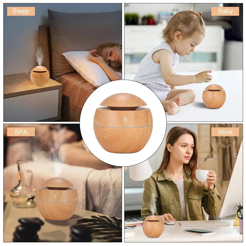 Wood-grain humidifier diffuser with domed lid, shown in close-up inside a circular inset.