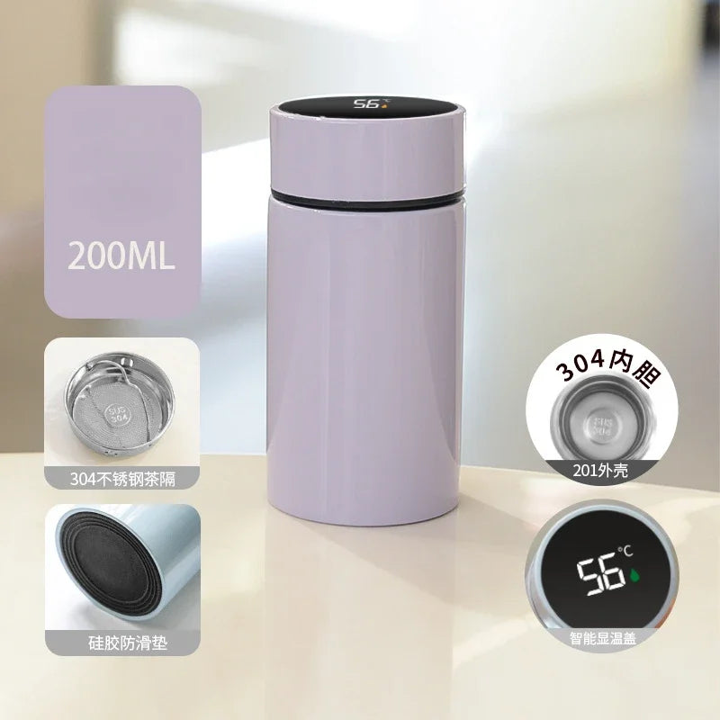 200ml compact smart thermos, purple body with digital temperature display on lid.