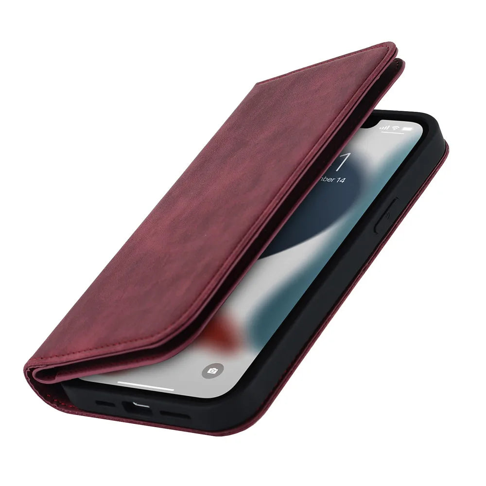 Kickstand MagSafe wallet in crimson with flip cover, phone seated