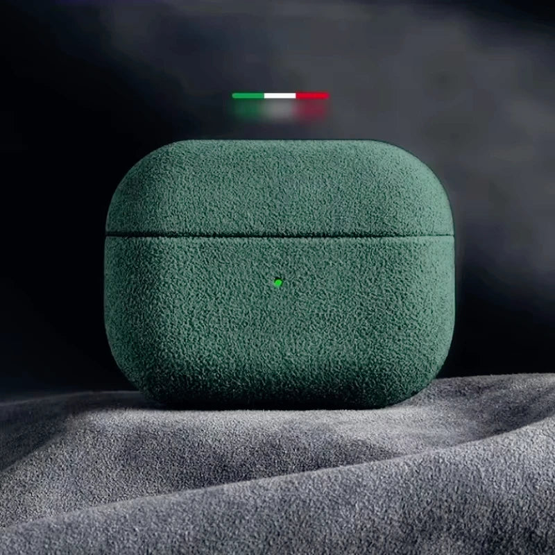 Italian suede AirPods case, emerald sage green finish with central button cutout