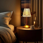 Champagne gold crystal table lamp with patterned shade and round gold base